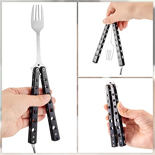 Flutesan 2 Pcs Butterfly Fork and Spoon Set, Tactical Butterfly Spoon Folding Stainless Steel Spork Utensil Set Balisong Trainer for Travel Camping Hunting BBQ Kitchen(Black) - color: Black