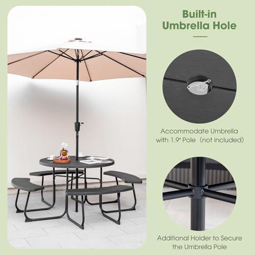 Giantex Picnic Table Set for Up to 8 Persons, Round Outdoor Table and Bench Set with Umbrella Hole, HDPE Top & Metal Frame, 2000LBS Capacity, Patio Table Bench for Deck Backyard Garden (Black) - color: Black, size: Round-43"x43"x30"