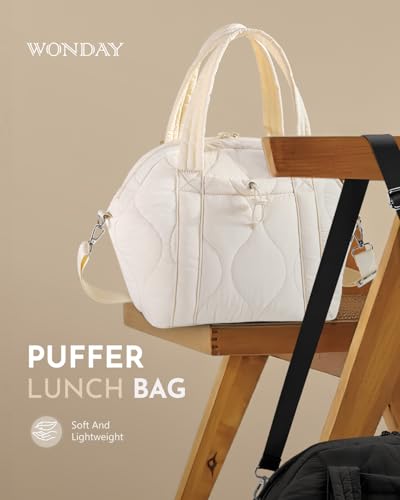 WONDAY Insulated Lunch Bags for Women, 12L Puffy Lunch Tote with Shoulder Strap, Waterproof, Leakproof, Reusable, Keeps Food Fresh, Perfect for Work, Travel, Picnic - color: Cream