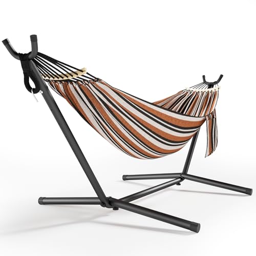 600lbs Hammock with Stand for Outside, 2 Person Portable Hammock with Side Storage, Carrying Bag, Expend Wooden Bar for Outdoor or Indoor (Brown Black) - color: Brown Black