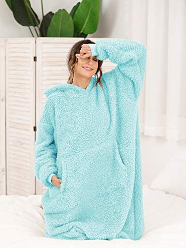 Sherpa Wearable Blanket Oversized Hoodie Sweatshirt TV Blanket with Long Sleeves and Pocket,One Size Fit All,Lakeblue - color: Lakeblue