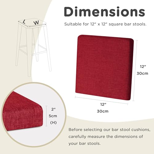 AddGrace Anti-Slip Bar Stool Cushions Square Bar Stool Seat Cushions with Ties Set of 4 Small Square Chair Pads with Machine Washable Cover 12"X12"X2" (Red) - color: Red