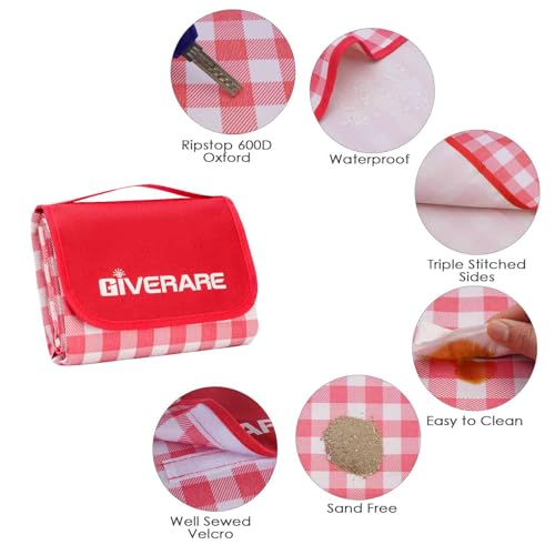 GIVERARE Picnic Beach Blanket Extra Large, XL Sandproof Waterproof Outdoor Camping Blankets 80x60in, Sand Free Oversized Mat, Quick Drying Portable Mats for Travel, Hiking, Music Festival, Lawn-Red - color: Red