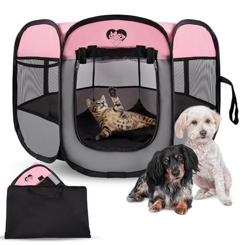 Dog Cat Playpen,Portable Foldable Tent-Outdoor Pet Crate Cage for Small Dogs,Travel Camping Use for Small Animals with Carrying Case,Indoor Enclosure for Puppy/Cats/Rabbits(Pink, S) - size: Small
