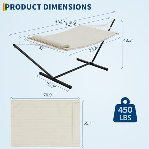 2 Person Double Hammock with Iron Frame Stand,475Lb Capacity,Portable Rope Hammock for Garden, Camping, and Relaxation, Beige - color: Beige