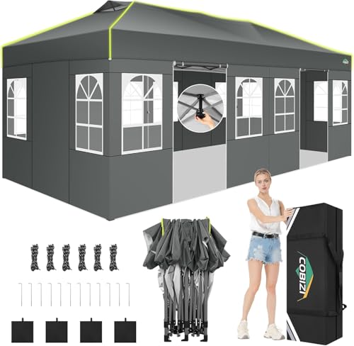COBIZI 10x20 Pop Up Canopy Tent, Outdoor Party Tent with 6 Sidewall One Push Setup Glow, 3 Adjustable Height Air Vent Waterproof UPF50+, Bag, 4 Sandbag, 6 Stake, 12 Rope for Beach, Commercial - color: Gray, size: 10x20