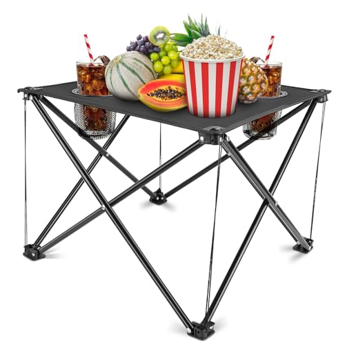 KOCASO Foldable Camping Table Portable Picnic Table Lightweight Travel Desk with Cup Holder Carrying Bag - color: Black-1
