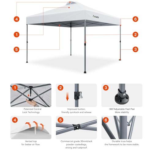 Amada 12x12 Pop Up Canopy Tent, 1-Button Push Easy-up Outdoor Canopy Beach Tent with 3-Height Adjustable Waterproof Shade Shelter, Wheeled STO-N-Go Bag 8 Stakes, 4 SandBags (12x12ft, White) - color: White, size: 12x12ft
