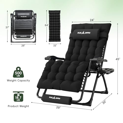 Amopatio Oversized Padded Zero Gravity Chair, XL 29In Reclining Camping Lounge Chair w/Removable Cushion&Headrest, Upgraded Lock and Footrest, Folding Patio Recliner for Indoor Outdoor, Black - color: Black XL, size: 29in