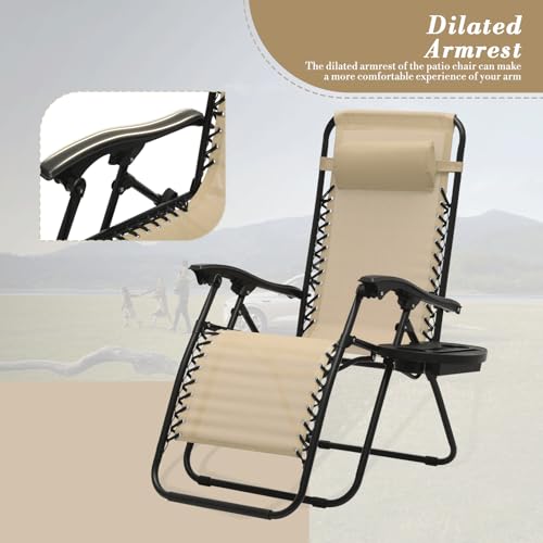 Athena Collection Zero Gravity Outdoor Lounge Chair Set of 2 with Side Table, 25" Width Pool Lounge Lawn Chairs Reclining with Cup Holder, Outdoor Chaise for Beach Patio Backyard Outside, Beige - color: Beige, style: 25" Width