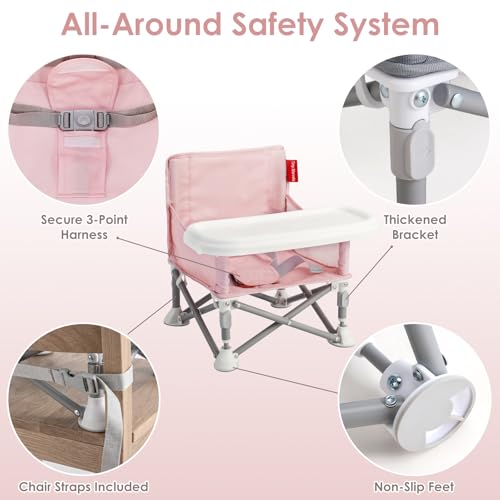 Tiny Marvels Portable Booster Seat, Foldable Baby High Chair with Removable Tray, Safety Harness & Carry Bag – for Toddlers Ages 6M-3Y, Ideal for Dining, Travel, Camping & Family Time - color: Pink