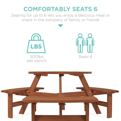 Best Choice Products 6-Person Circular Outdoor Wooden Picnic Table for Patio, Backyard, Garden, DIY w/ 3 Built-in Benches, 500lb Capacity - Acorn - color: Acorn