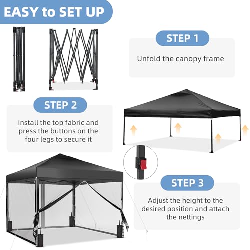 GDY 10x10 Pop up Canopy Tent with Mosquito Netting, Easy up Gazebo for Patio, Camping and Garden, Includes 4 Sandbags, Black - color: Black, size: 10x10 with Mosquito Netting