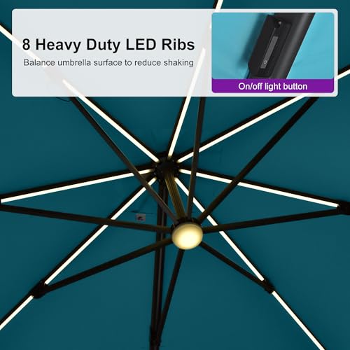 PURPLE LEAF 10 Feet Patio Umbrella Outdoor Cantilever Solar Powered LED Swivel Square Umbrella Aluminum Offset Umbrella with 360-degree Rotation for Garden Deck Pool Patio, Turquoise Blue - color: Turquoise Blue, size: 10' X 10', style: Left-right Tilt（LE