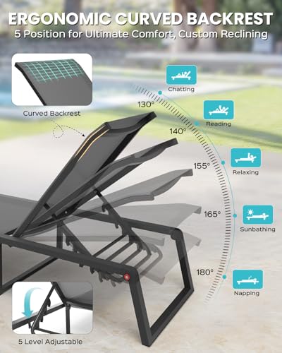 Aluminum Chaise Lounge Chair Outdoor, Foldable& No Assembly Patio Pool Lounge Chairs 5-Position Recliner for Outside, Fully Grounded Legs Sun Lounger for Poolside, Dark Grey, 2 Pack - color: Dark Grey, size: 2