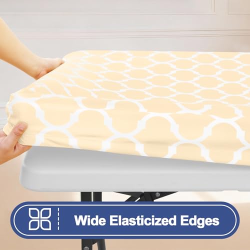 Smiry 2 Pack Rectangle Table Cloth 8 Foot, Waterproof Elastic Fitted Tablecloths, Windproof Washable Polyester Table Cover for Picnic, Camping, Outdoor (Beige, 30"x96") - color: Beige, size: 30"x96"