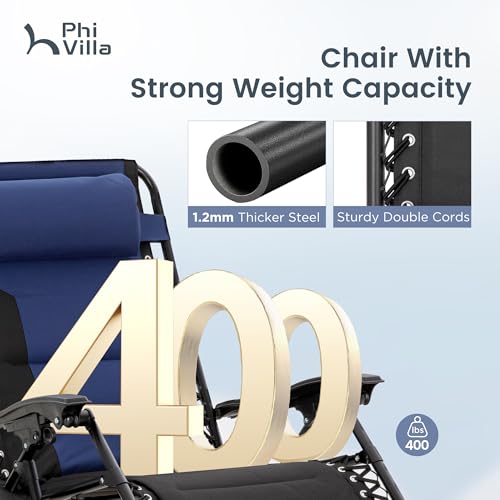 PHI VILLA Zero Gravity Chair Set of 2, Padded Anti Gravity Recliner, Oversized 28" Wide Seat, Foldable Patio Lounger with Armrest & Cup Holder, Supports 400 LBS (Blue Black) - color: Blue