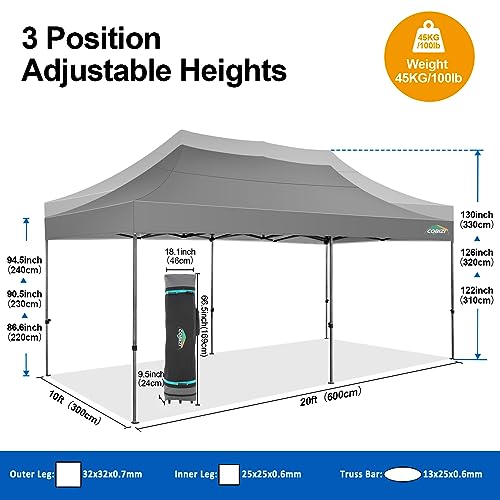 COBIZI 10x20 Pop up Canopy Tent 10x20 Canopy with 6 Sidewalls Waterproof Heavy Duty Commercial Tent for Parties Outdoor Garden Gazebo, Carry Bag with Wheel(10x20ft, Gray) - color: Gray, size: 10X20FT 6 Sidewalls
