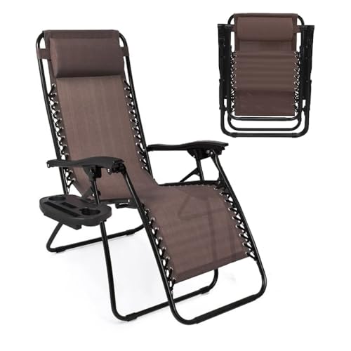 Zero Gravity Lounge Chair Adjustable Outdoor Reclining Chair Folding Patio Anti-Gravity Indoor Outdoor Lounge Chair w/Pillow, Cup Holder (One Chair - Brown) - color: One Chair - Brown