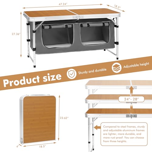 Camp Field Camping Folding Aluminum Table with Adjustable Legs for Outdoor Travel Beach, Backyards, BBQ, Party and Picnic Foldable Table - color: Bamboo