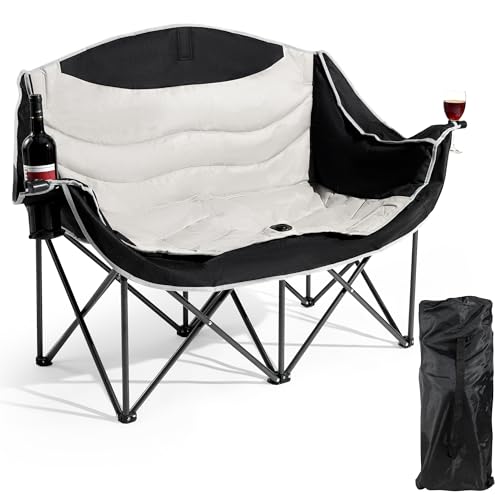 Double Camping Chair,Oversized Foldable Camping Chairs with Cup Holders Heavy Duty Loveseat Couch for Adults Suitable for Indoor Outdoor Beach Support 600 lbs（Black/White）