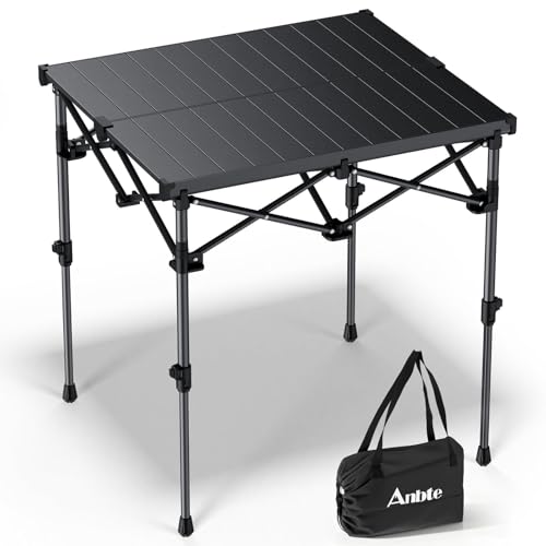 Anbte Camping Table Foldable, 2 Height Max 27.5" Aluminum Roll up Camping Table with Carry Bag & Heat-Resistant Tabletop, Lightweight, for Indoor Outdoor RV BBQ Picnic Patio Beach, 26" x 23", Black - size: 67 x 58 x [44/70] cm