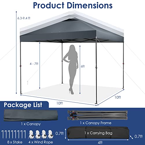 Tangkula 10x10 Ft Pop Up Canopy, Easy Set-up Instant Tent with Center Lock, Carry Bag, Rotatable Feet, 8 Stakes, 4 Ropes, Outdoor Canopy Tent for Beach, Camp, Patio, Market (Blue) - color: Gray, size: 10x10FT