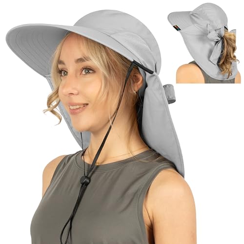 SUN CUBE Wide Brim Sun Hat with Neck Flap, UPF50+ Hiking Safari Fishing Hat for Men Women, Sun Protection Beach Hat - color: Light Grey With Bow