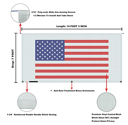 Tentproinc RV Awning Sun Shade Screen 7' X 14' 3'' (American Flag) Gray Mesh Sunshade Camper Trailer Awning Shade Screen UV Blocker Completed Kits - color: Flag-Gray, size: 7' x 14'3'' -Actual Measurement
