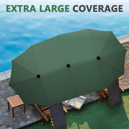 13Ft Large Patio Umbrella with Base Outdoor Double-Sided Market Extra Large Table Umbrella Easy Crank for Yard, Poolside, Deck-Green - color: Green, size: 13FT Umbrella+Base