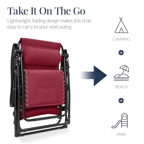 Best Choice Products Oversized Padded Zero Gravity Chair, Folding Outdoor Patio Recliner, XL Anti Gravity Lounger for Backyard w/Headrest, Cup Holder, Side Tray, Polyester Mesh - Burgundy - color: Burgundy