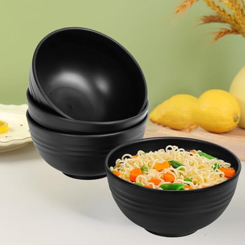 Unbreakable Wheat Straw Cereal Bowls Set of 4, 24 OZ Microwave and Dishwasher Safe Lightweight Soup and Salad Bowl Sets, Reusable Dessert Bowls for Rice, Pasta, Snack, Fruit, BPA Free (Black) - color: Black
