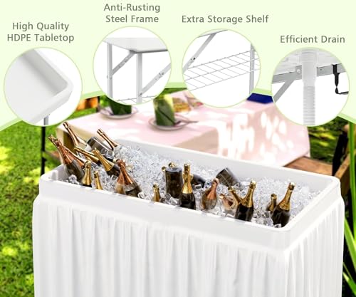 LHBcraft 4 Foot Ice Cooler Table with Matching Skirt & Drain Hose, with Iron Stand, Portable Patio Outdoor Chilling Table Portable Bar for Events for Party, Picnic, BBQ, Camping, White - color: 1 Tier-ivory