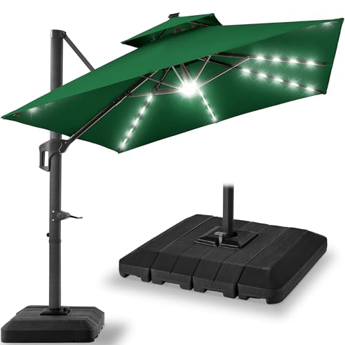Best Choice Products 9x12ft LED Cantilever Patio Umbrella w/Base Included & 360° Rotation, Large Solar Offset Hanging Outdoor Sun Shade for Deck, Backyard Table w/Stand & Lights – Green - color: Green, size: 9x12ft
