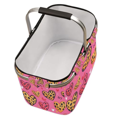 Pink Leopard Print Picnic Basket Large Collapsible Market Baskets Portable Reuasble Shopping Bags with Handles for Camping Beach Travel - color: White
