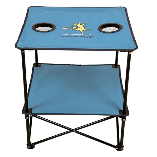Life is Good 22” Square Compact Outdoor Folding Table with Cup Holders and Carry Bag for Beach, Camping, 30lb Weight Capacity, Blue
