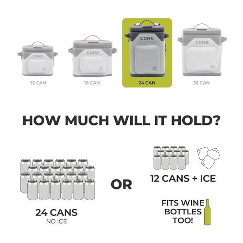 CORE Magnetic Leak Proof Soft Cooler with Waterproof Zipper | Insulated Bag Portable Ice Chest Box | Best Soft Cooler for Food & Beverages for Tailgating, Car Camping, Travel, and Family Beach Picnics - color: Shadow Gray, size: 24 Can