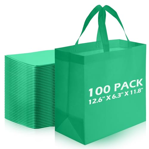 Reginary 100 PCS Reusable Totes Bags - Non Woven Grocery Handle Bags for Shop Events & Retail Store(Green) - color: Green