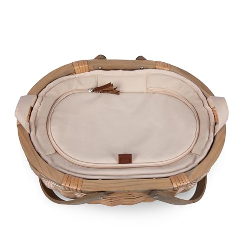 PICNIC TIME Sequoia Picnic Basket with Cooler Compartment, Woven Picnic Basket with Removeable Cooler Bag, Vintage Wicker Picnic Basket, (Beige)