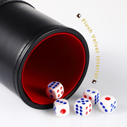 Skylety 6 Pcs PU Leather Dice Cups Set, Red Leatherette Felt Lining Quiet Shaker with 30 Dices Liars dice Game for Craps Farkle Casino Game Family Bar