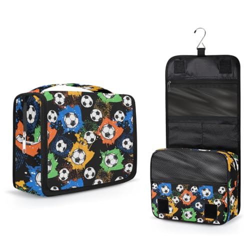 Colorful Splashes Soccer Ball Kids Toiletry Bag for Boys, Waterproof Travel Shaving Organizer with Hanging Hook, Portable Dopp Kit Cosmetic Bag for School Sports Camping Trips - color: Colorful Splashes Soccer Ball
