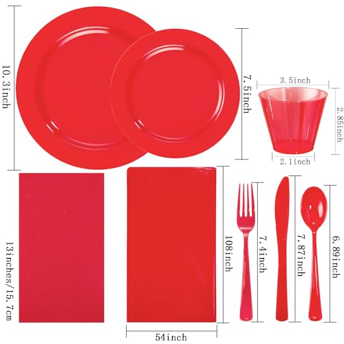 Gather 176 Pieces Red Plastic Plates- Red Heavy Duty Disposable Plates Dinnerware 50Plates, 75 Plastic Silverware, 25 Napkins, 25 Cups Bonus 1 Red Plastic Tablecloth for Party& Wedding &Mother's Day - color: Red, size: 25 Guests