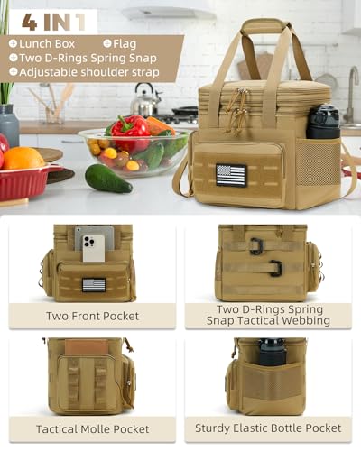 holuxer Tactical Lunch Bag & Lunch Box for Men - Large Double Deck Expandable Insulated Soft Adult Lunchbox for Work - Cooler Bag for Beach, Picnic, Camping,Outdoor，Travel (Brown,16L) - color: Brown, size: Large