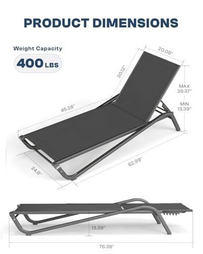 Set of 2 Patio Chaise Lounge Chairs, All-Weather Aluminum Pool Loungers for Outside, 5-Position Adjustable Sunbathing Chair for Deck, Backyard & Poolside, Rust-Proof & Stackable, Black - color: Black, size: Set of 2