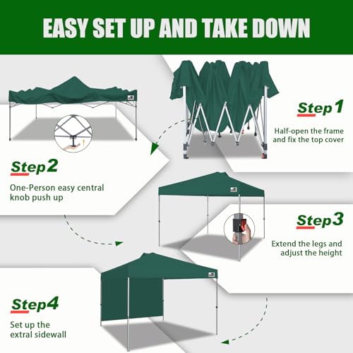 Eurmax USA NOMATTER ONE-Person Open&Close 10x10ft Pop Up Canopy Tent,Portable Shelter for Outdoor Events with 1 Removable Sidewall,Instant Canopies,Temporary Sunshade,Bonus 4 Sand Bags (Forest Green) - color: forest green, size: 10x10 nomatter