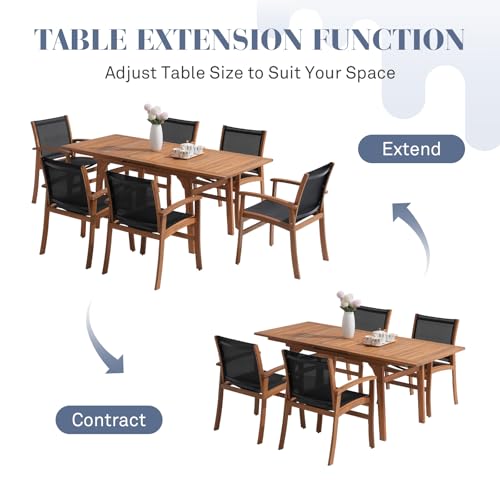 OC Orange-Casual Patio Furniture Set, Acacia Wood Patio Dining Set for 6-8, Outdoor Expandable Table and Chairs Set with Umbrella Hole and Breathable Textilene Fabric for Garden (Black, 7 Pieces) - color: Black, size: 7 Pieces