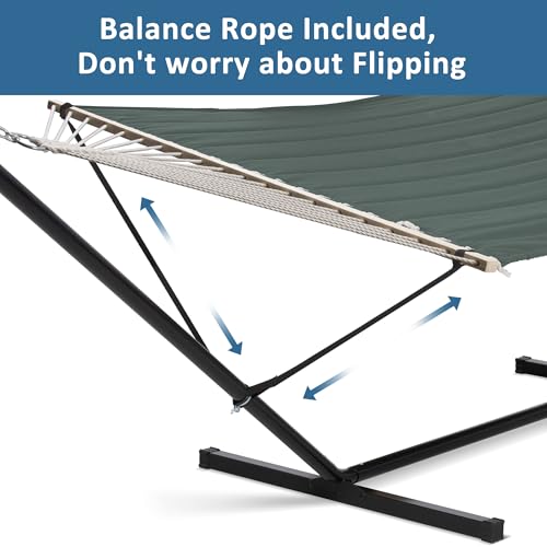 SUNCREAT Hammocks Extra Large Double Hammock with 12 ft Stand, 475lbs Capacity, Outdoor Portable Hammock with Hardwood Spreader Bar, Extra Large Pillow, Gray Green - color: Gray Green, size: 12 ft Stand