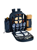 Picnic at Ascot - Deluxe Equipped 4 Person Picnic Backpack with Cooler, Insulated Wine Holder & Blanket - Trellis Blue - color: Navy/White With Trellis Blue