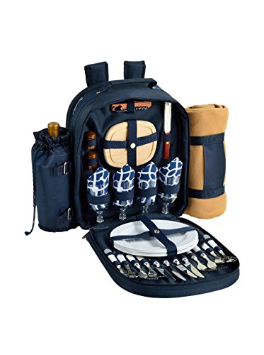 Picnic at Ascot - Deluxe Equipped 4 Person Picnic Backpack with Cooler, Insulated Wine Holder & Blanket - Trellis Blue - color: Navy/White With Trellis Blue
