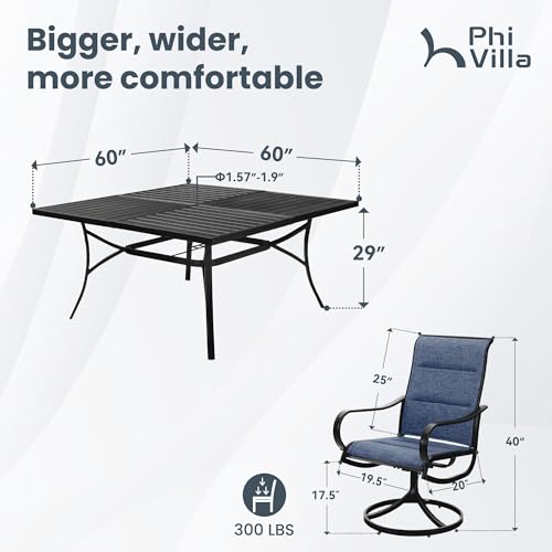 PHI VILLA 9 Pcs Outdoor Patio Dining Set, 8 Outdoor Padded Swivel Dining Chairs and Large Square Metal Dining Table, Outside Table and Chair Furniture Dining Set for 8 Person (Blue) - color: Blue Padded Fabric, size: 60"L x 60"W x 29"H-Metal-9 Piece